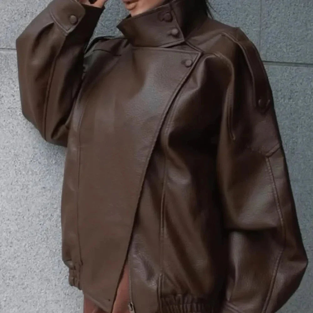 Women's Faux Leather Stand Collar Jacket – Lightweight Everyday Outerwear