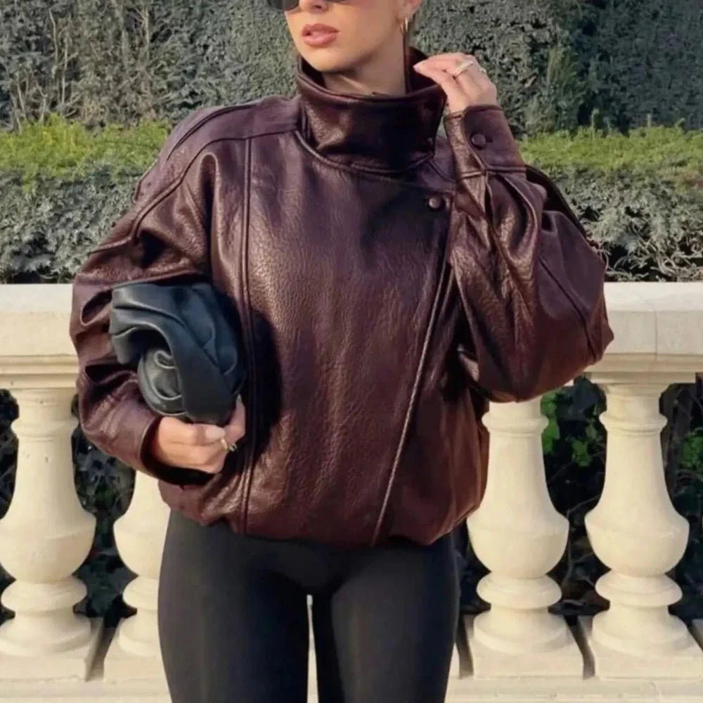 Women's Faux Leather Stand Collar Jacket – Lightweight Everyday Outerwear