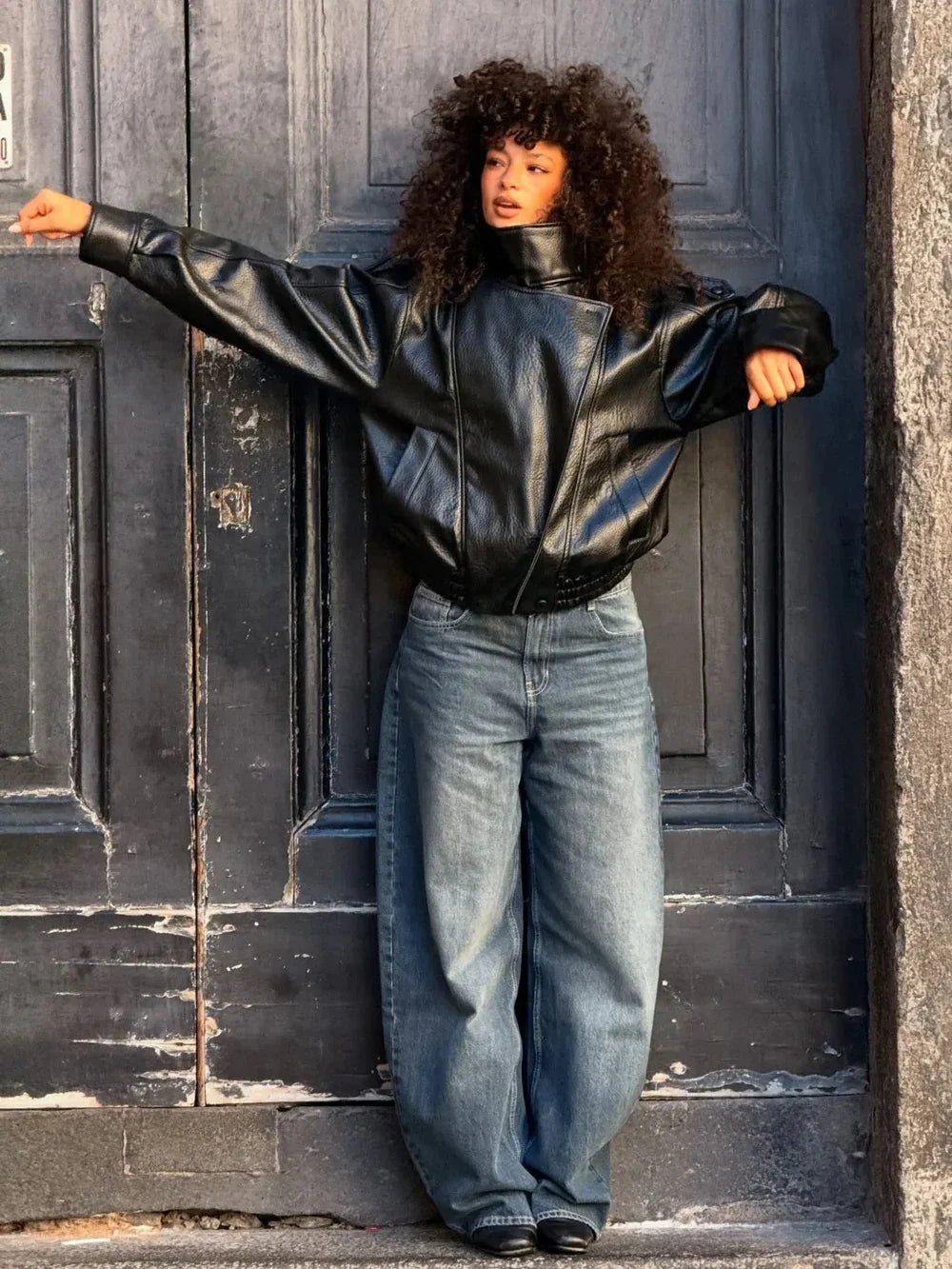 Women's Faux Leather Stand Collar Jacket – Lightweight Everyday Outerwear