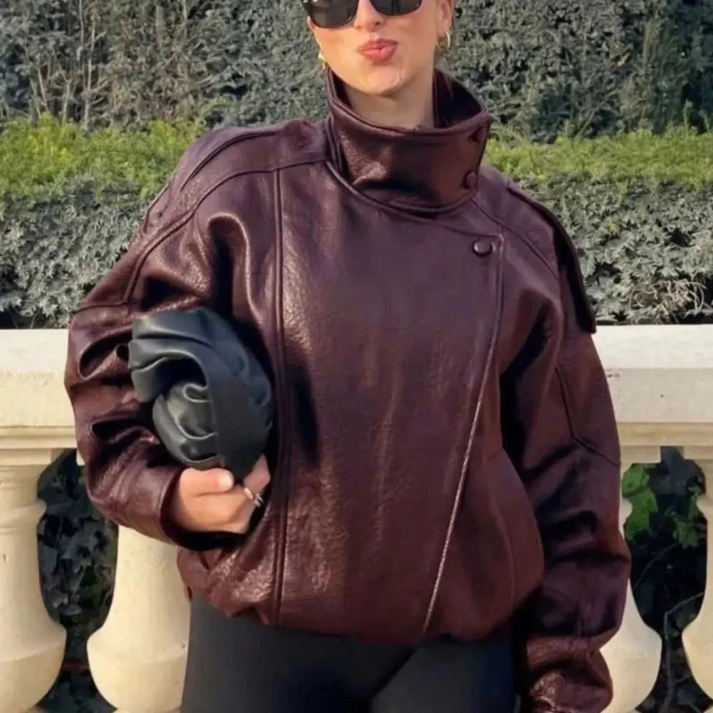 Women's Faux Leather Stand Collar Jacket – Lightweight Everyday Outerwear
