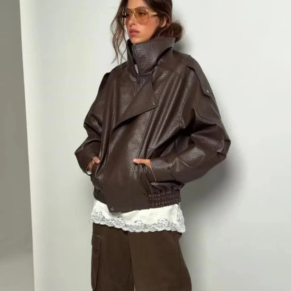 Women's Faux Leather Stand Collar Jacket – Lightweight Everyday Outerwear