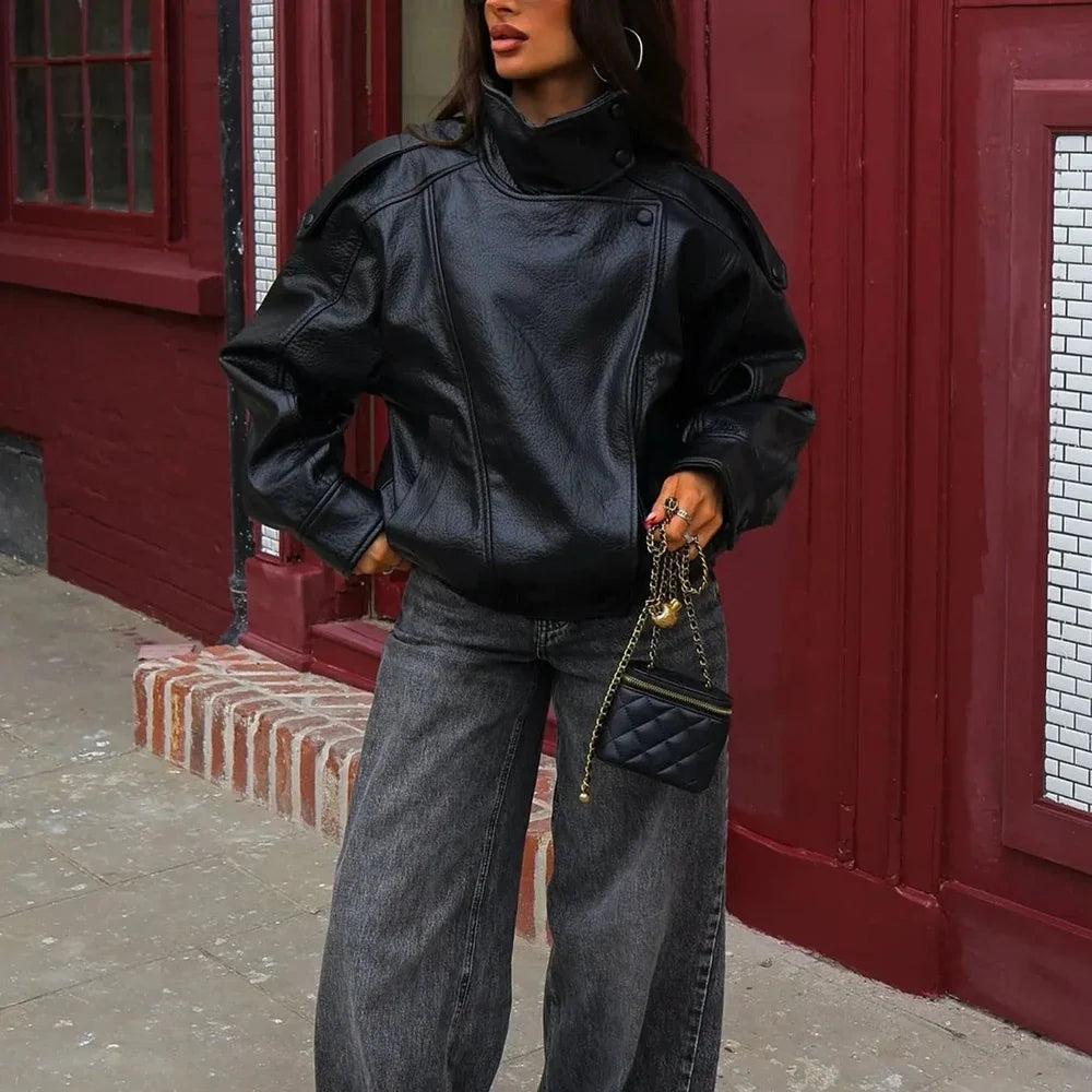 Women's Faux Leather Stand Collar Jacket – Lightweight Everyday Outerwear