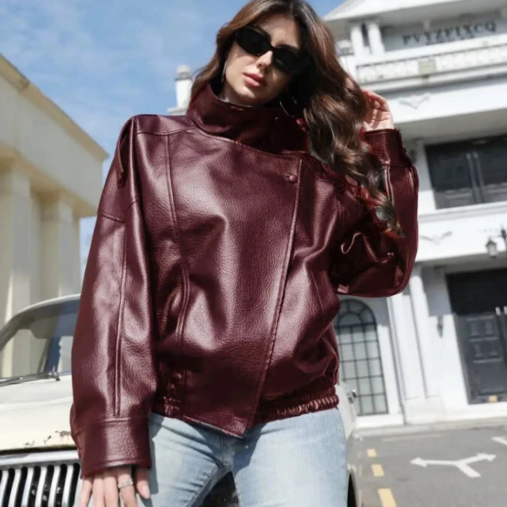 Women's Faux Leather Stand Collar Jacket – Lightweight Everyday Outerwear