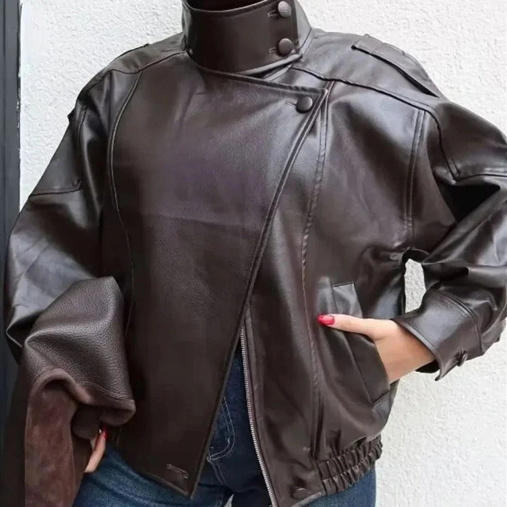 Women's Faux Leather Stand Collar Jacket – Lightweight Everyday Outerwear